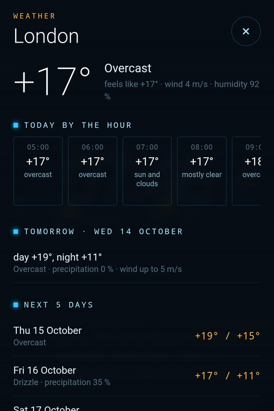 Weather card: London, +17°, overcast; today by the hour, tomorrow and the next 5 days