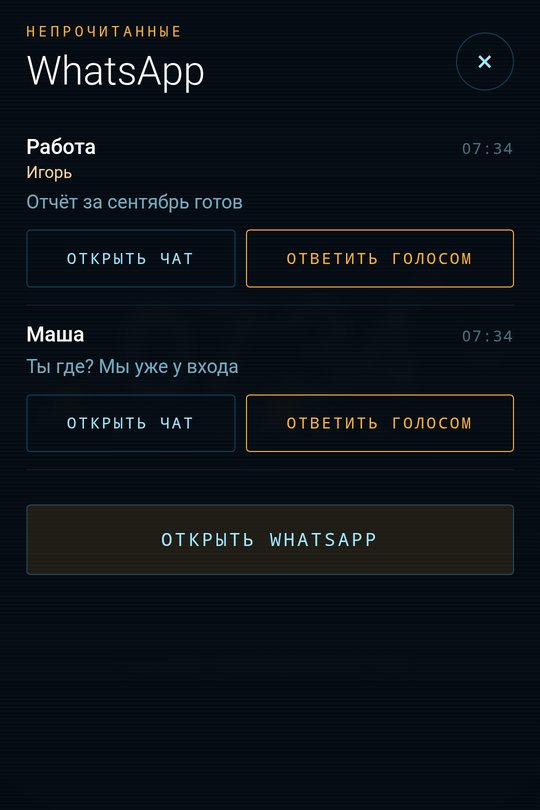 Карточка WhatsApp: непрочитанные от группы «Работа» и от Маши, кнопки «Открыть чат» и «Ответить голосом»