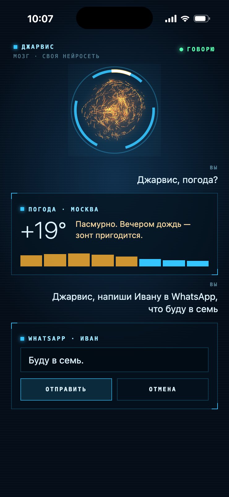 Ответы карточками: погода и черновик сообщения в WhatsApp с кнопками «Отправить» и «Отмена»